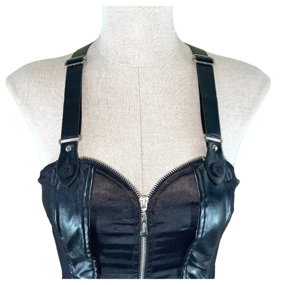 Oh Yes Suspender Back Zip Up Front Black Bustier Corset Top 3 zip pockets Size M - Picture 2 of 8